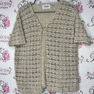 Career elements crochet knitted top cardigan short sleeve tan cream button open